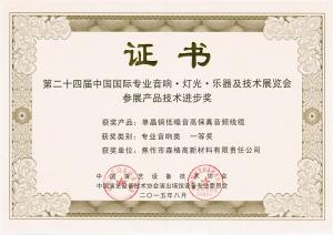 第24屆中國國際專(zhuān)業(yè)音響燈光樂(lè )器及技術(shù)展產(chǎn)品技術(shù)進(jìn)步獎一等獎證書(shū)